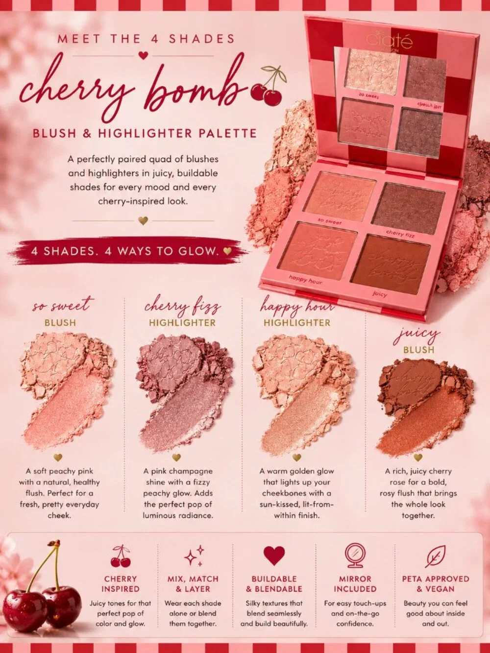 Ciaté London Cherry Bomb Blush & Highlighter Palette 4 Shades New